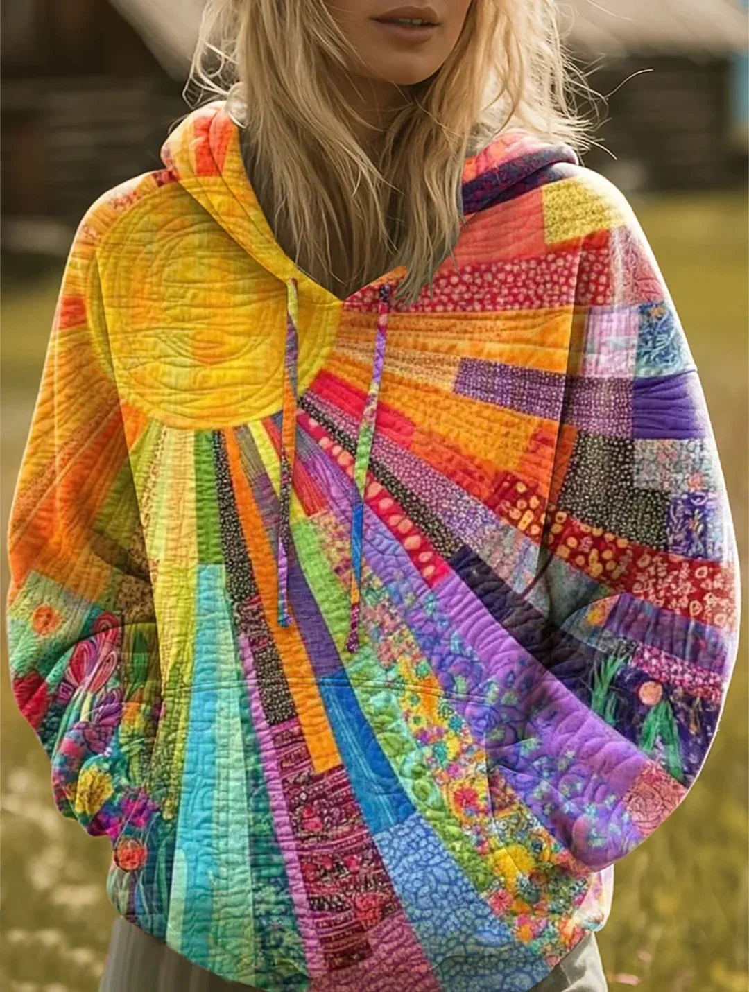Dawnella™ | Sweat à capuche patchwork multicolore de style bohème