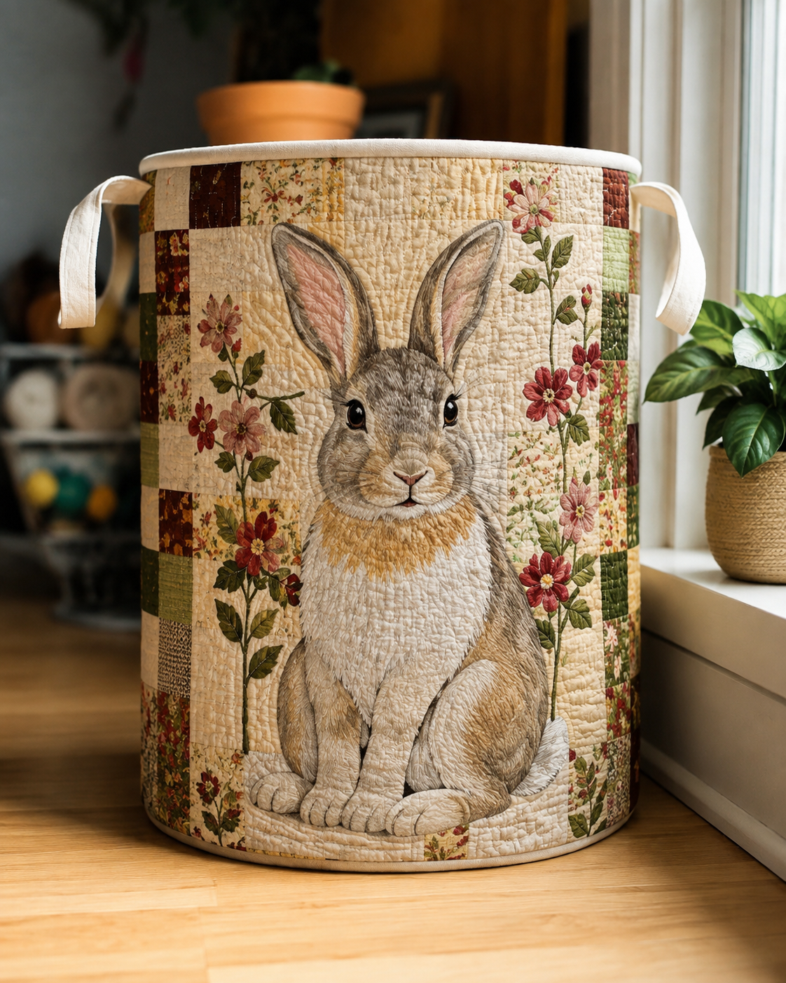 Panier rembourré avec des lapins des champs