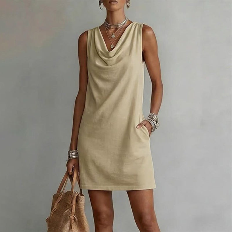 👗 ¡50 % de descuento ahora! ⏰ Elegante vestido entallado con cuello drapeado – Sin mangas, con bolsillos laterales y muy versátil – Caída favorecedora, perfecto para el trabajo o salidas nocturnas – Cómodo y chic ✨🌸