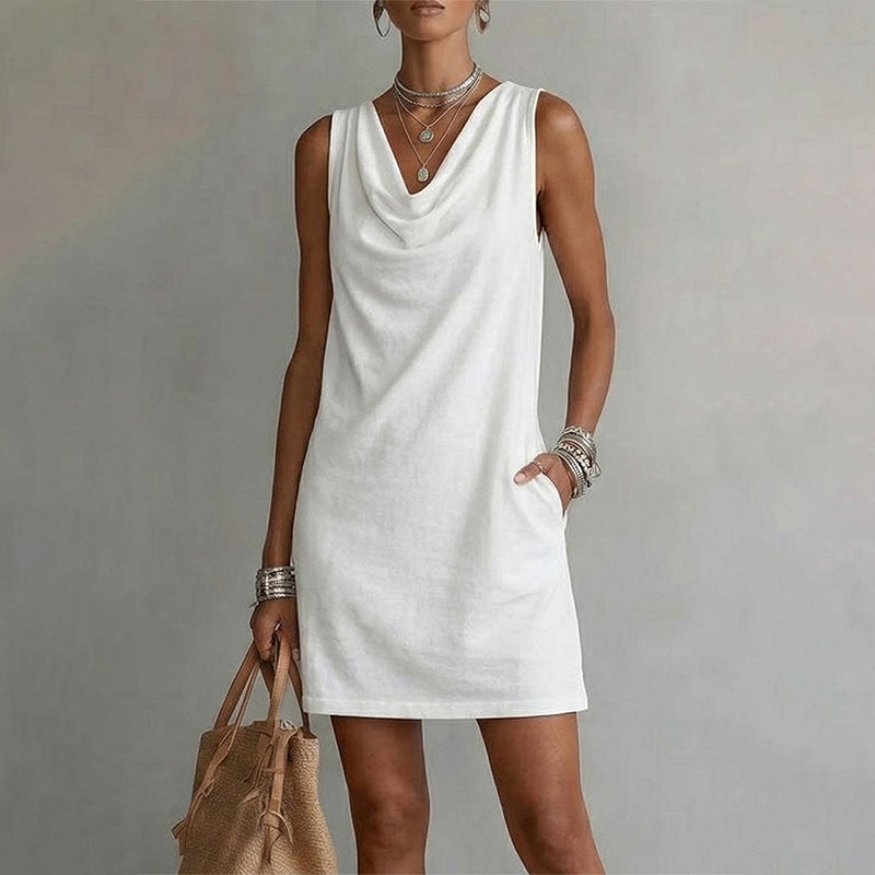 👗 ¡50 % de descuento ahora! ⏰ Elegante vestido entallado con cuello drapeado – Sin mangas, con bolsillos laterales y muy versátil – Caída favorecedora, perfecto para el trabajo o salidas nocturnas – Cómodo y chic ✨🌸