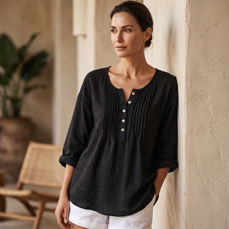 Blusa de mujer de manga larga con pliegues y cuello Henley
