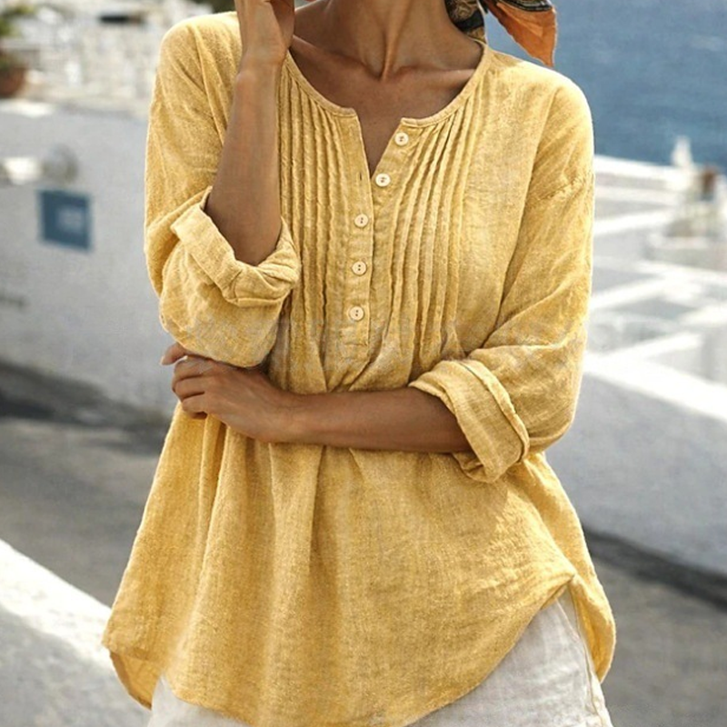 Blusa de mujer de manga larga con pliegues y cuello Henley