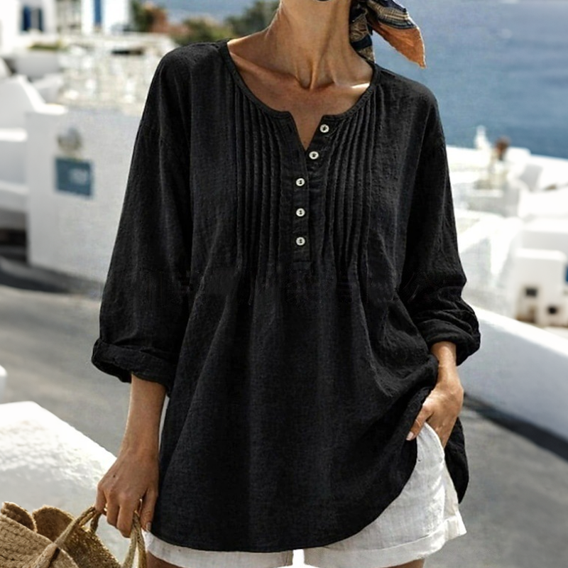 Blusa de mujer de manga larga con pliegues y cuello Henley