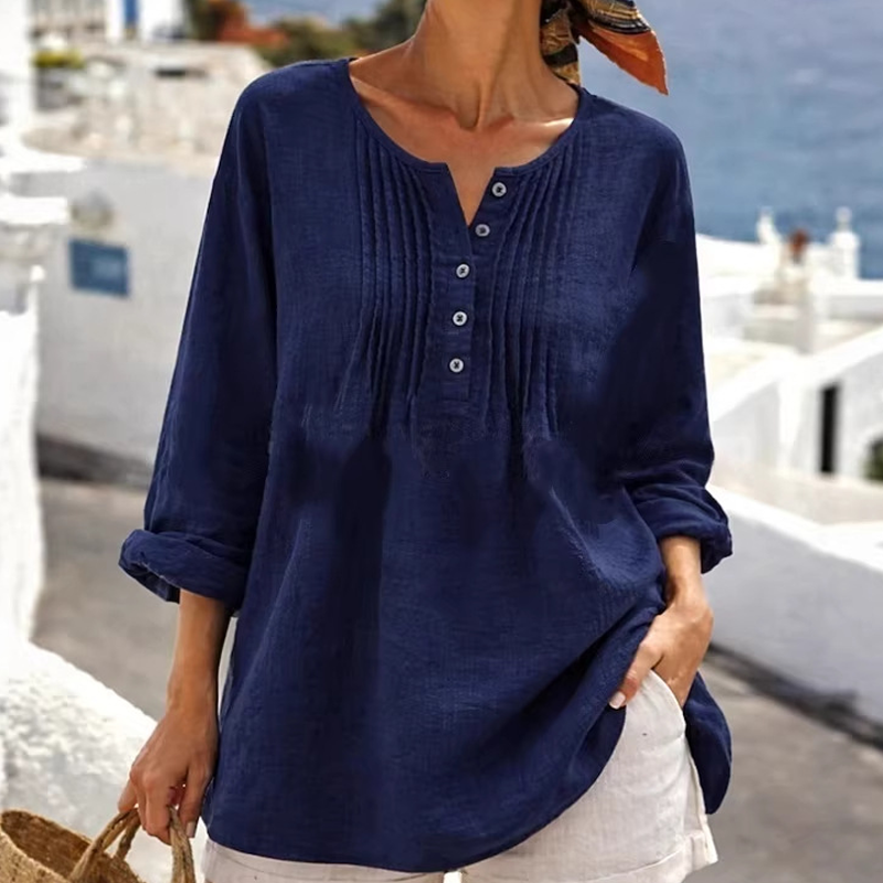 Blusa de mujer de manga larga con pliegues y cuello Henley