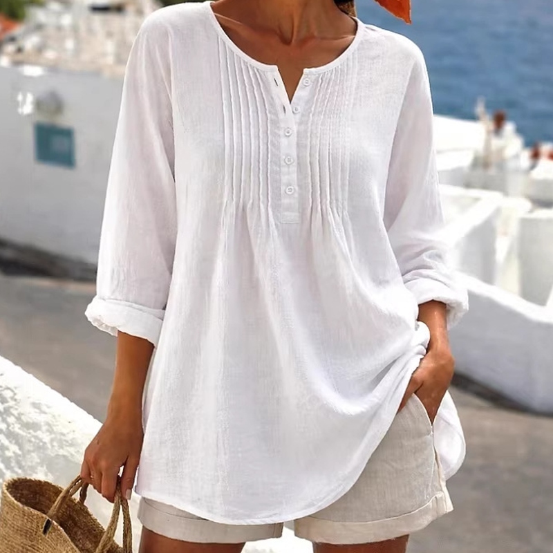 Blusa de mujer de manga larga con pliegues y cuello Henley